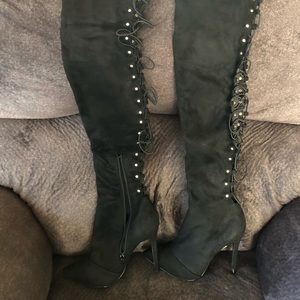 Black high heel tie up back boots